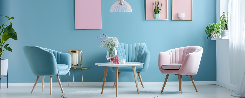 Chic living room with pastel color chairs, table, blue wall, contemporary minimalist design.