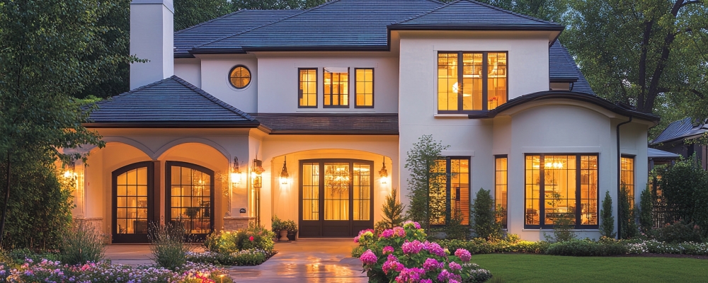 Elegant home exterior at twilight with flowers, warm, soft light, modern, inviting, landscaped