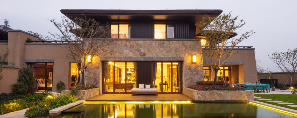 no humans, scenery, tree, reflection, outdoors, building, house, water, window, sky, ground vehicle, motor vehicle, car